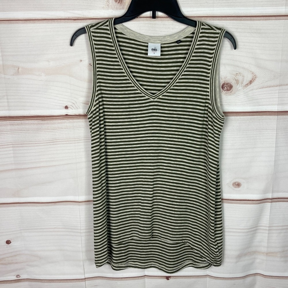 Cabi Top Womens S Green Beige Stripe Tank V-Neck Sleeveless Jersey Knit Pullover